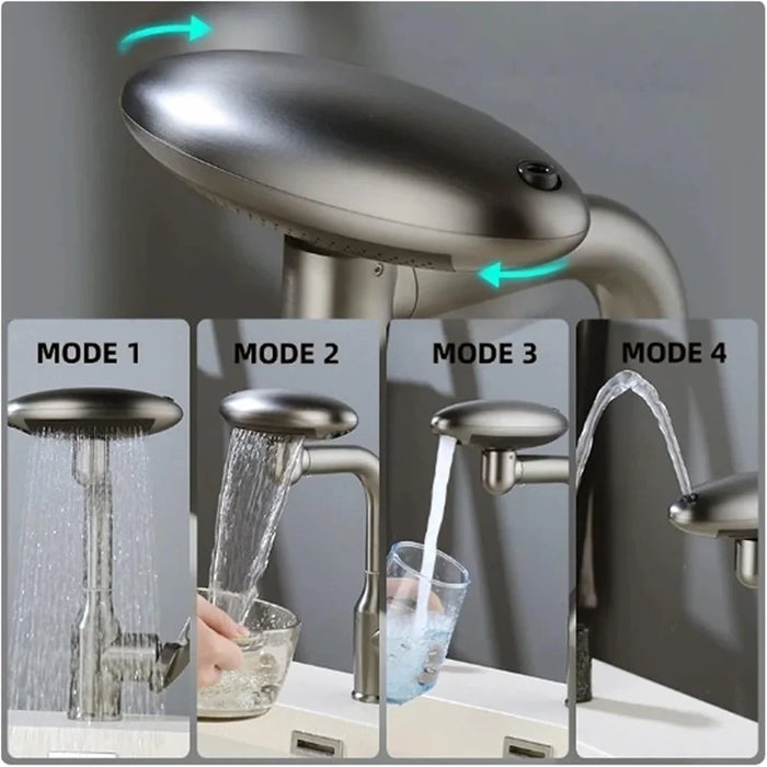 Wash Basin Rotatable Four Modes Hot and Cold Water Faucet Home Bathroom Tap with 2 Water Inlet Pipes - Grey - 5