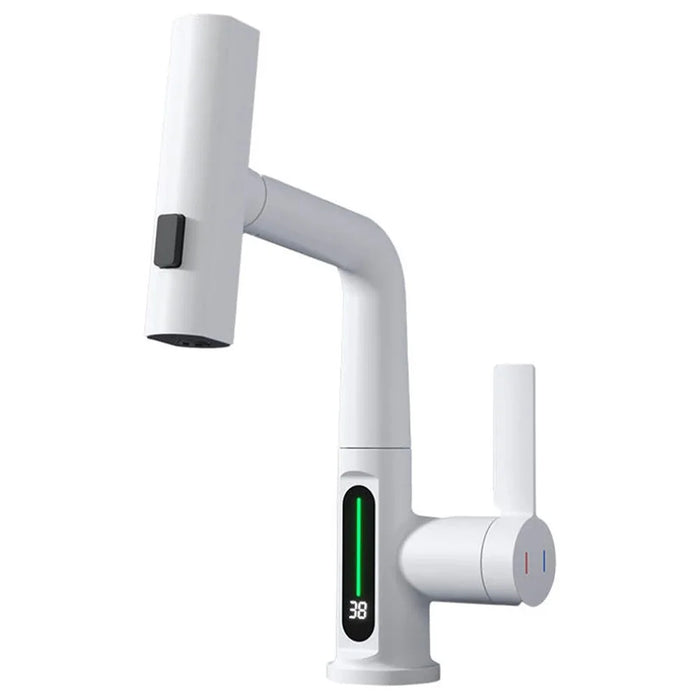 LED Temperature Display Wash Basin Sink Hot Cold Water Faucet Brass Kitchen Bathroom Pull-Out Tap - White - 1