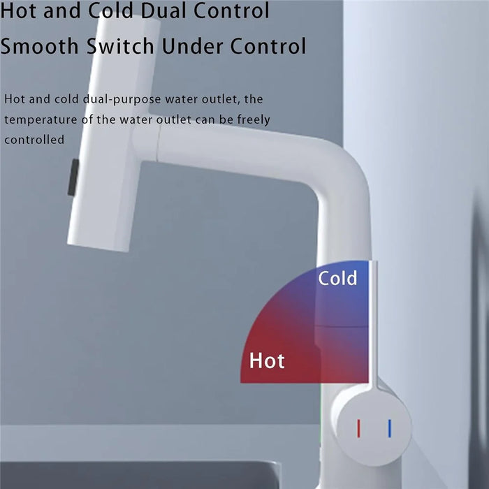 LED Temperature Display Wash Basin Sink Hot Cold Water Faucet Brass Kitchen Bathroom Pull-Out Tap - White - 3