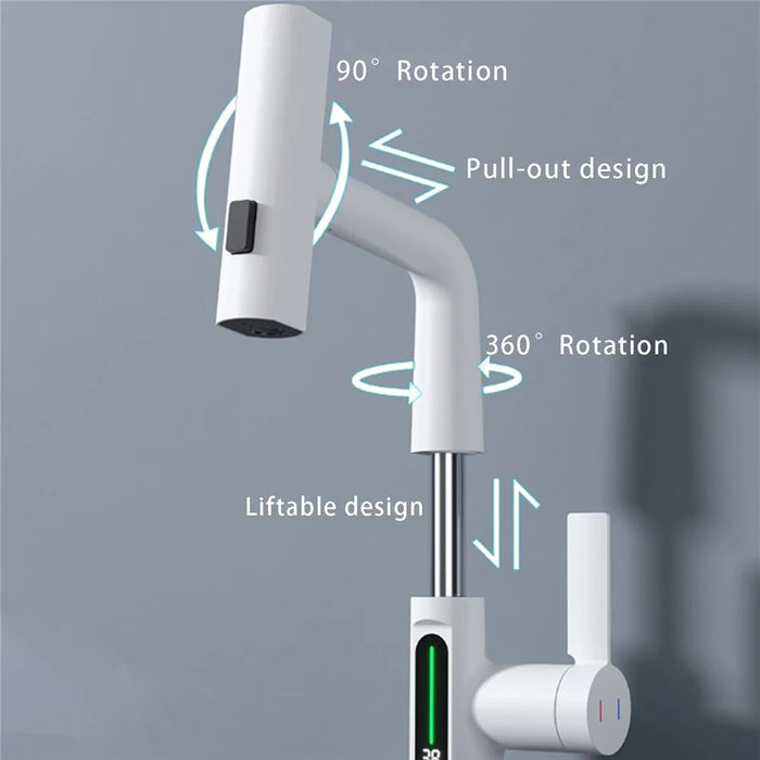 LED Temperature Display Wash Basin Sink Hot Cold Water Faucet Brass Kitchen Bathroom Pull-Out Tap - White - 4