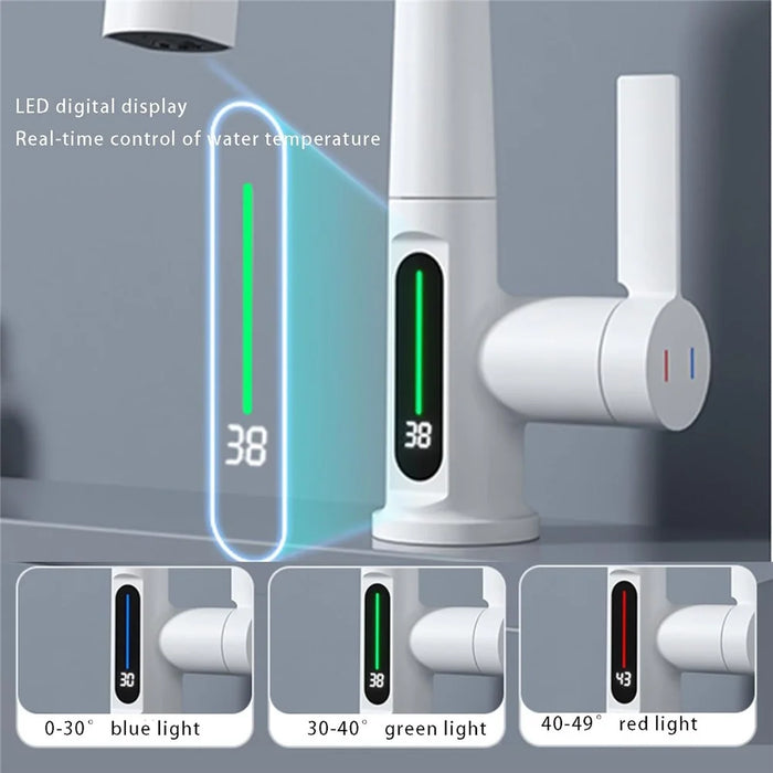 LED Temperature Display Wash Basin Sink Hot Cold Water Faucet Brass Kitchen Bathroom Pull-Out Tap - White - 5