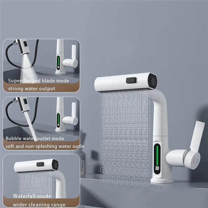 LED Temperature Display Wash Basin Sink Hot Cold Water Faucet Brass Kitchen Bathroom Pull-Out Tap - White - 6
