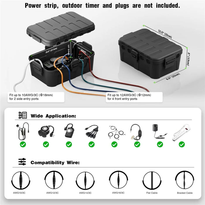 Outdoor Electrical Box IP54 Waterproof Extension Cord Cover Protective Box for Outlet / Plug / Timer / Power Strip - Black - 2