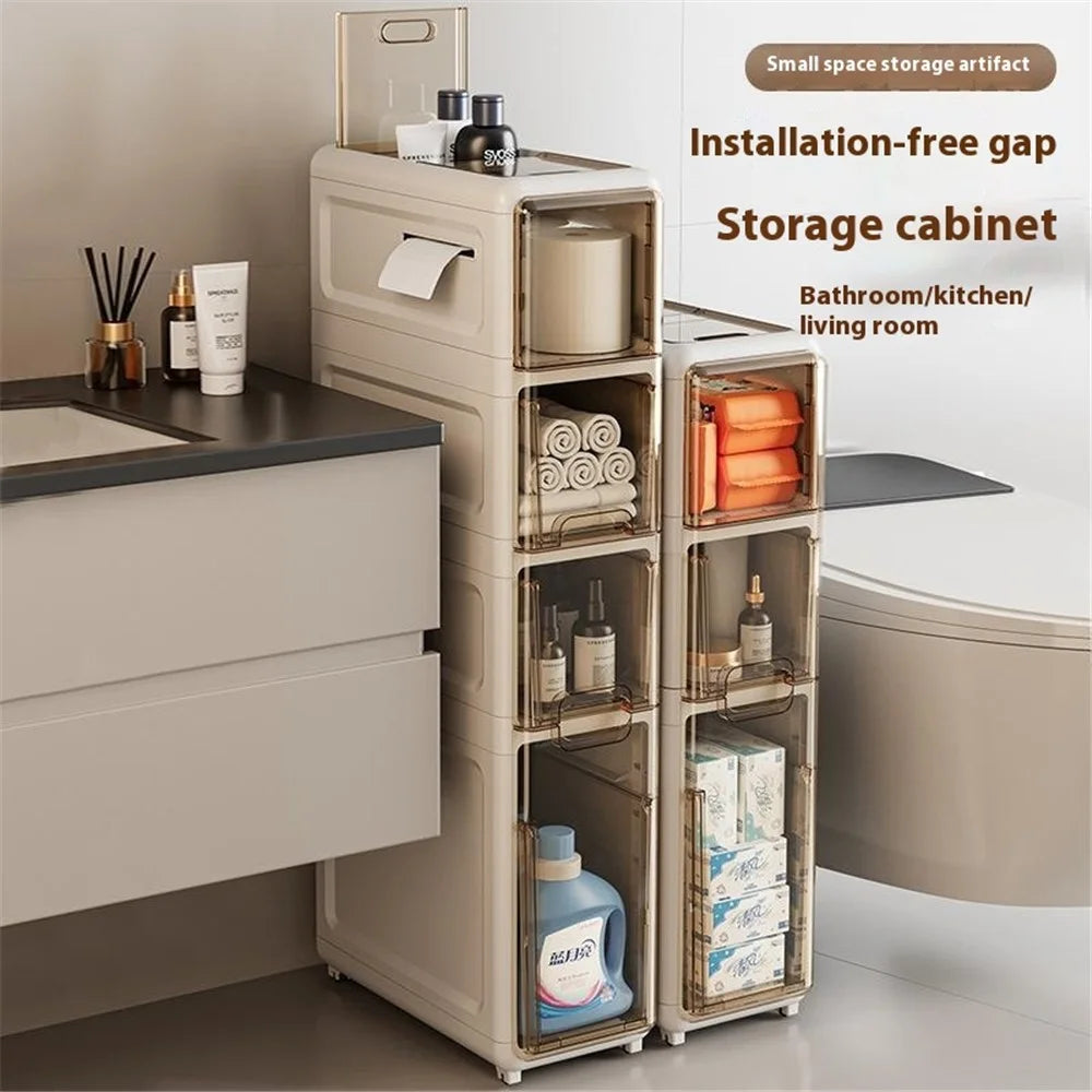 4-Tier Slim Bathroom Storage Cabinet Tissue Dispenser PP + PS Narrow Gap Organizer Shelf - 4