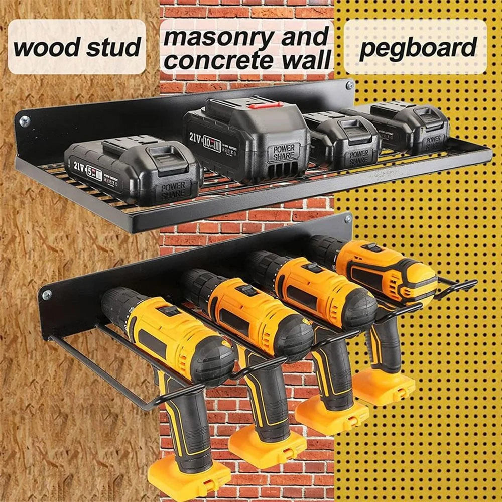 Upper+Lower Layer Wall Mount Power Tool Storage Rack for Drills Screwdrivers Space Saving Metal Shelf - 2