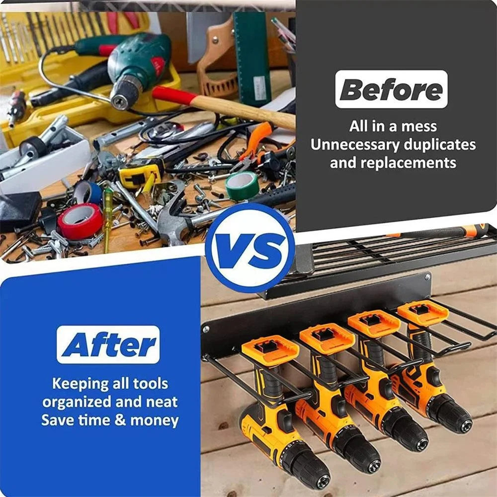 Upper+Lower Layer Wall Mount Power Tool Storage Rack for Drills Screwdrivers Space Saving Metal Shelf - 3