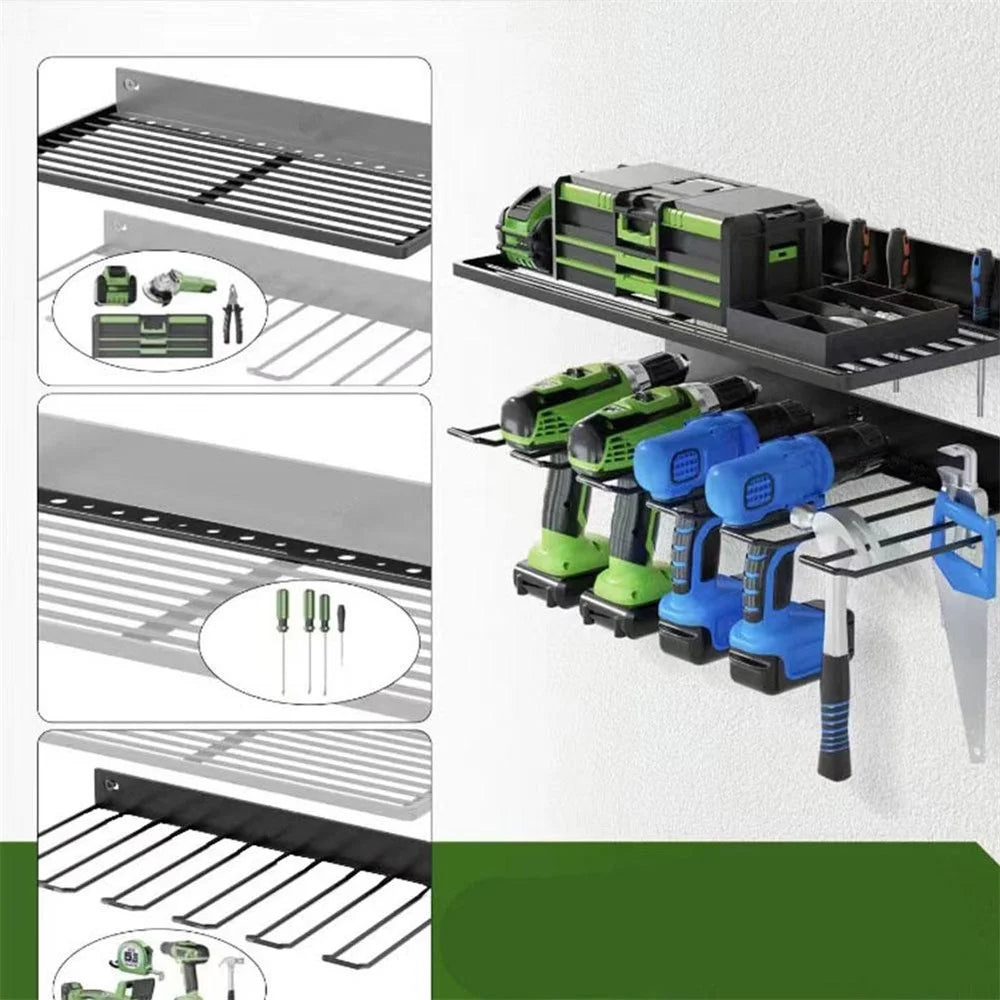 Upper+Lower Layer Wall Mount Power Tool Storage Rack for Drills Screwdrivers Space Saving Metal Shelf - 4