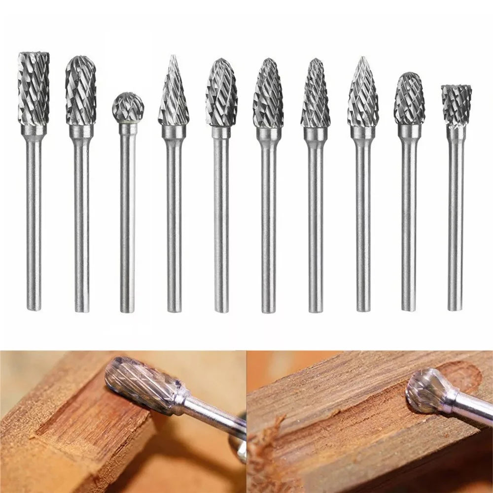 10Pcs Tungsten Carbide Grinding Heads Rotary Burr Set for Wood Metal Engraving Milling Carving - Double Groove - 2