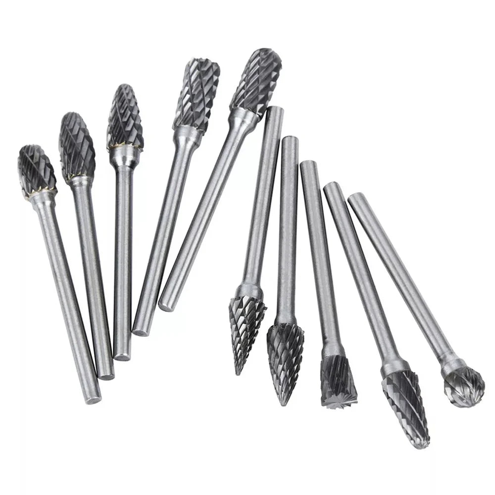 10Pcs Tungsten Carbide Grinding Heads Rotary Burr Set for Wood Metal Engraving Milling Carving - Double Groove - 3