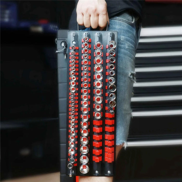 Handled Socket Organizer with 80 Socket , 1  /  4" 3  /  8" 1  /  2" Socket Holder for Workshop  /  Garage - Red - 7