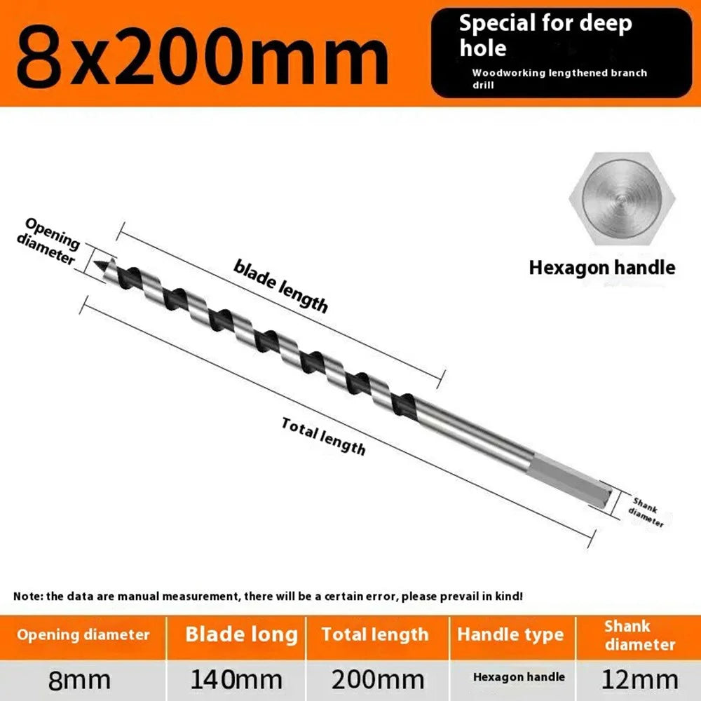 8x200mm Deep Hole Extended Auger Drill Bit Woodworking Hex Shank Bit for Electric Drill / Bench Drill - 6