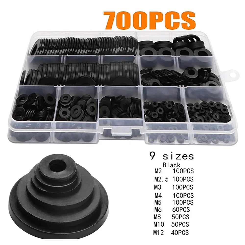 700Pcs / Set Nylon Washer M2-M12 9 Sizes Flat Gaskets Fasteners Assortment Kit - Black - 2