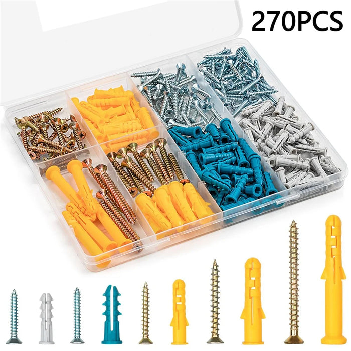270Pcs / Set Expansion Bolt Self-Tapping Screws Wall Plugs for Brick Concrete Drywall Wood - 1
