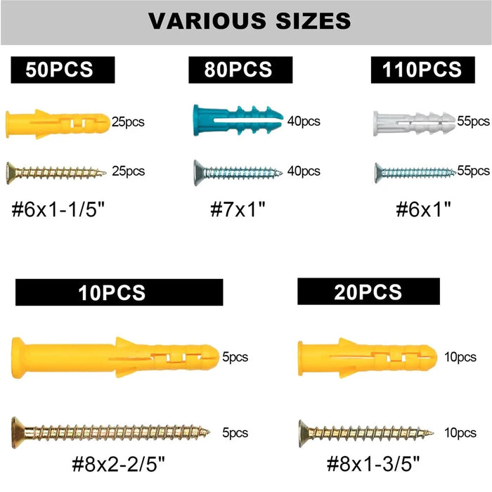 270Pcs / Set Expansion Bolt Self-Tapping Screws Wall Plugs for Brick Concrete Drywall Wood - 6