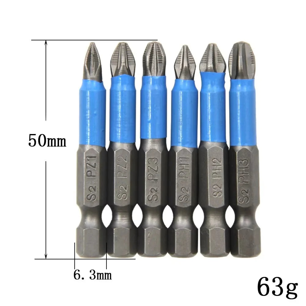 6Pcs S2 Steel Anti-Slip Screwdriver Bits PH1 / PH2 / PH3 / PZ1 / PZ2 / PZ3 Electric Screwdriver Bit Set - 6