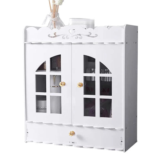 Wood-Plastic Board Multi-Tier Bathroom Organizer No Drill Wall Mounted Cosmetic Skincare Storage Cabinet - 1