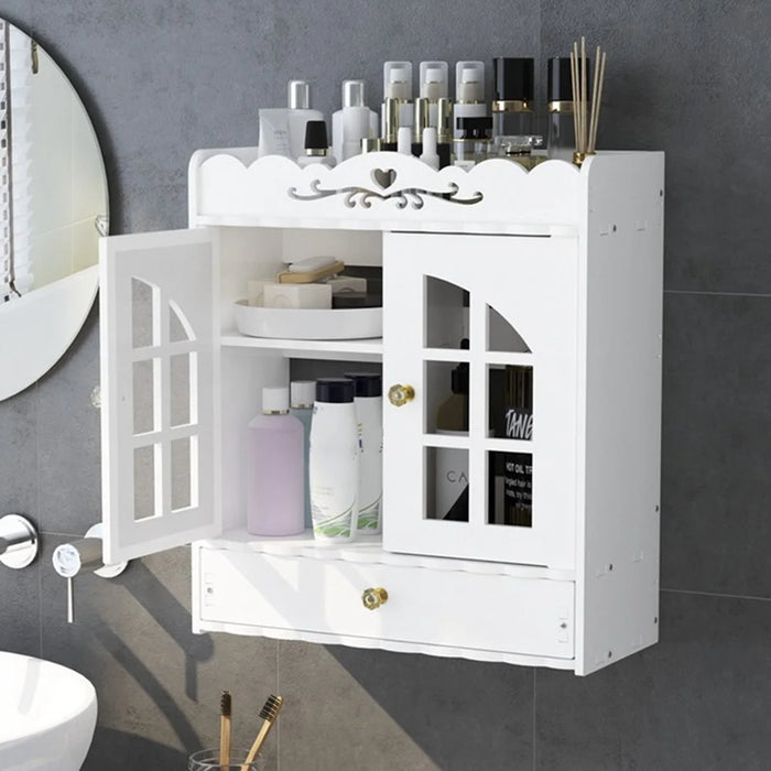 Wood-Plastic Board Multi-Tier Bathroom Organizer No Drill Wall Mounted Cosmetic Skincare Storage Cabinet - 2