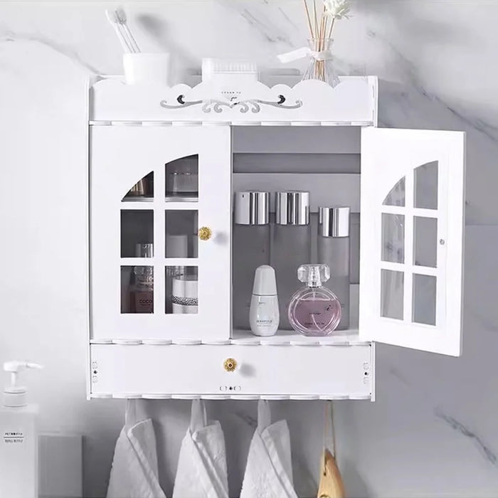Wood-Plastic Board Multi-Tier Bathroom Organizer No Drill Wall Mounted Cosmetic Skincare Storage Cabinet - 3