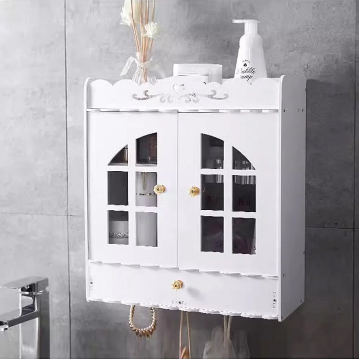 Wood-Plastic Board Multi-Tier Bathroom Organizer No Drill Wall Mounted Cosmetic Skincare Storage Cabinet - 4