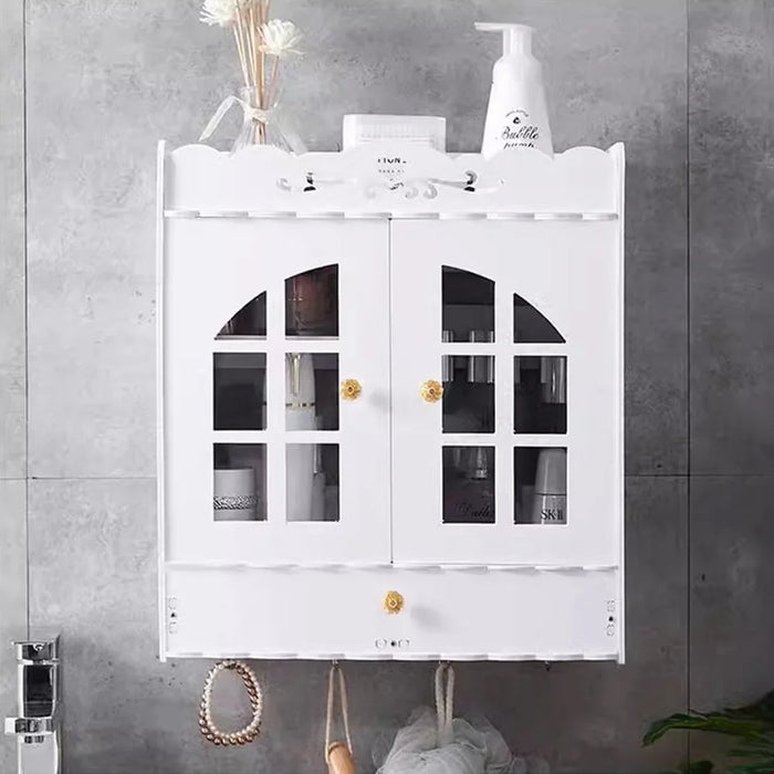 Wood-Plastic Board Multi-Tier Bathroom Organizer No Drill Wall Mounted Cosmetic Skincare Storage Cabinet - 5