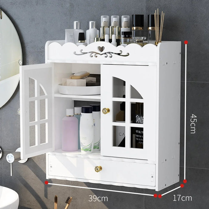 Wood-Plastic Board Multi-Tier Bathroom Organizer No Drill Wall Mounted Cosmetic Skincare Storage Cabinet - 6