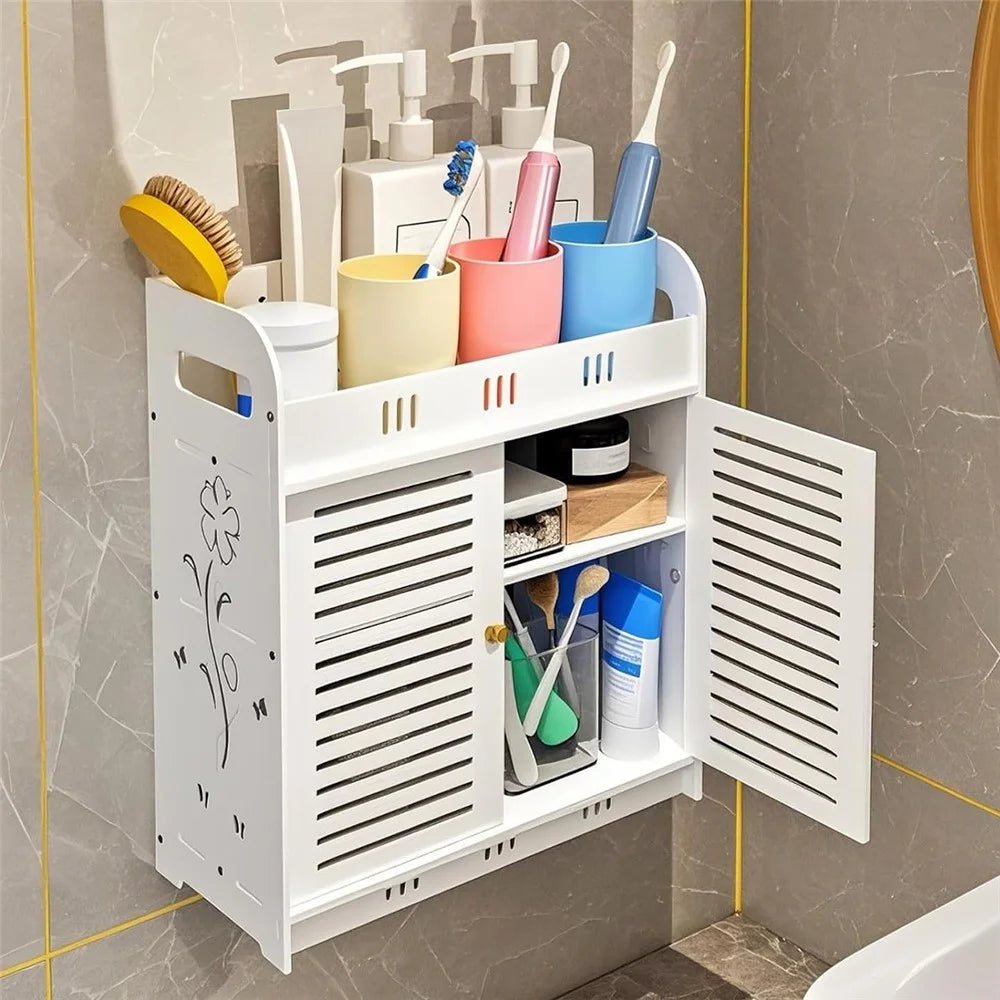 Bathroom Kitchen Multi-Layer Storage Rack Wood-Plastic Board Wall-Mounted Large Capacity Cabinet - 1