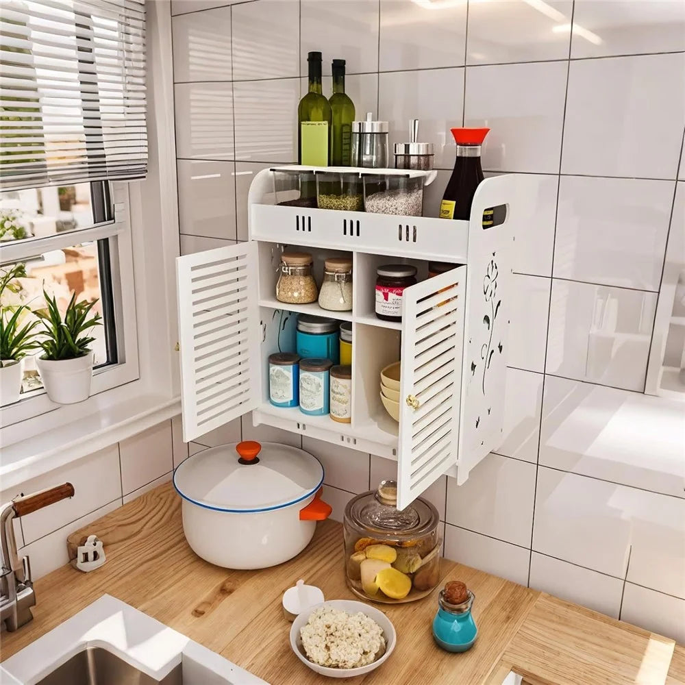 Bathroom Kitchen Multi-Layer Storage Rack Wood-Plastic Board Wall-Mounted Large Capacity Cabinet - 5