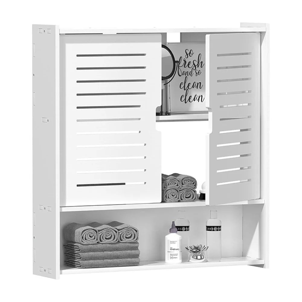 Wood-Plastic Board Bathroom Storage Organizer No Drill Cosmetic Toiletry Wall Mounted Cabinet - 1