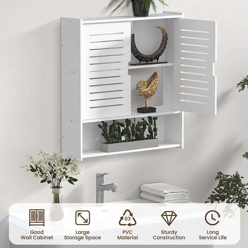 Wood-Plastic Board Bathroom Storage Organizer No Drill Cosmetic Toiletry Wall Mounted Cabinet - 2