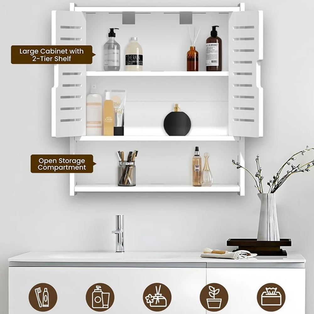Wood-Plastic Board Bathroom Storage Organizer No Drill Cosmetic Toiletry Wall Mounted Cabinet - 3