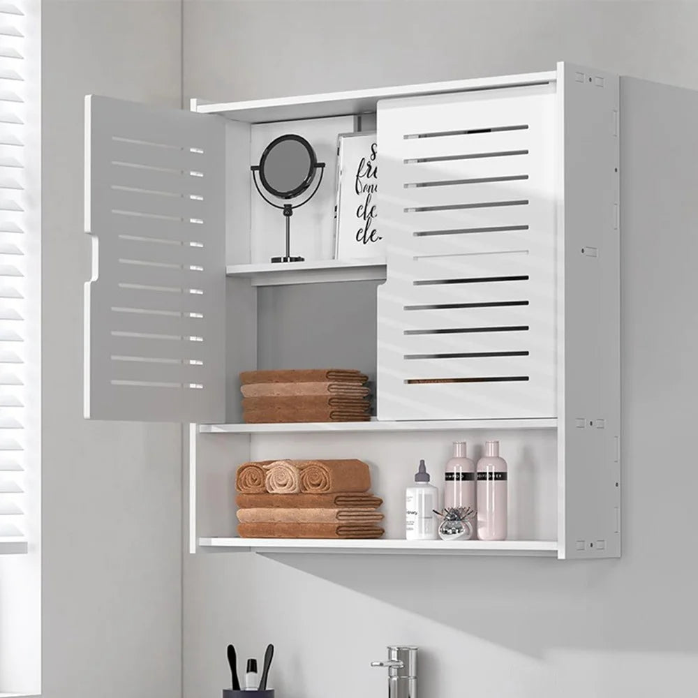 Wood-Plastic Board Bathroom Storage Organizer No Drill Cosmetic Toiletry Wall Mounted Cabinet - 4