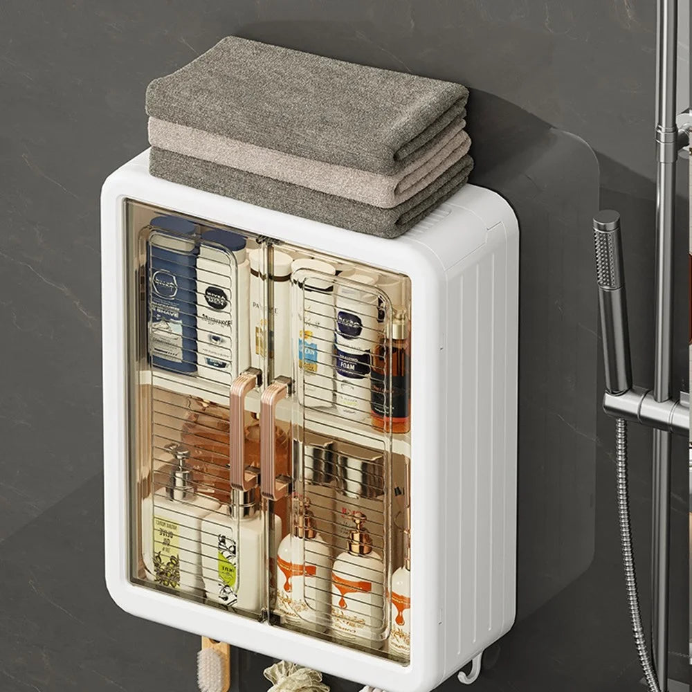 Wall Mounted Storage Rack with Magnetic Door Punching Free Folding Organizer Shelf for Bathroom - 5