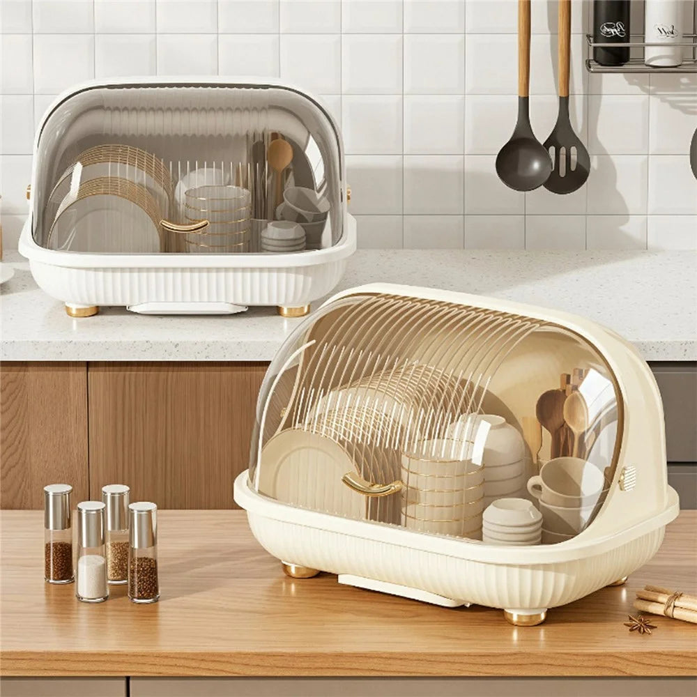 Kitchen Dish Rack Organizer with Flip Cover Large Capacity Dustproof Draining Bowl Cabinet Small Size - Beige - 4