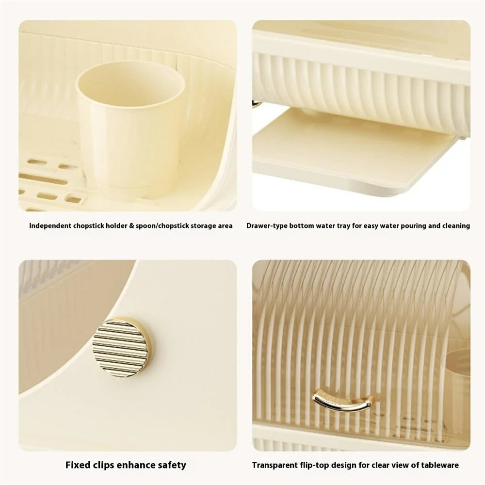 Kitchen Dish Rack Organizer with Flip Cover Large Capacity Dustproof Draining Bowl Cabinet Small Size - Beige - 5