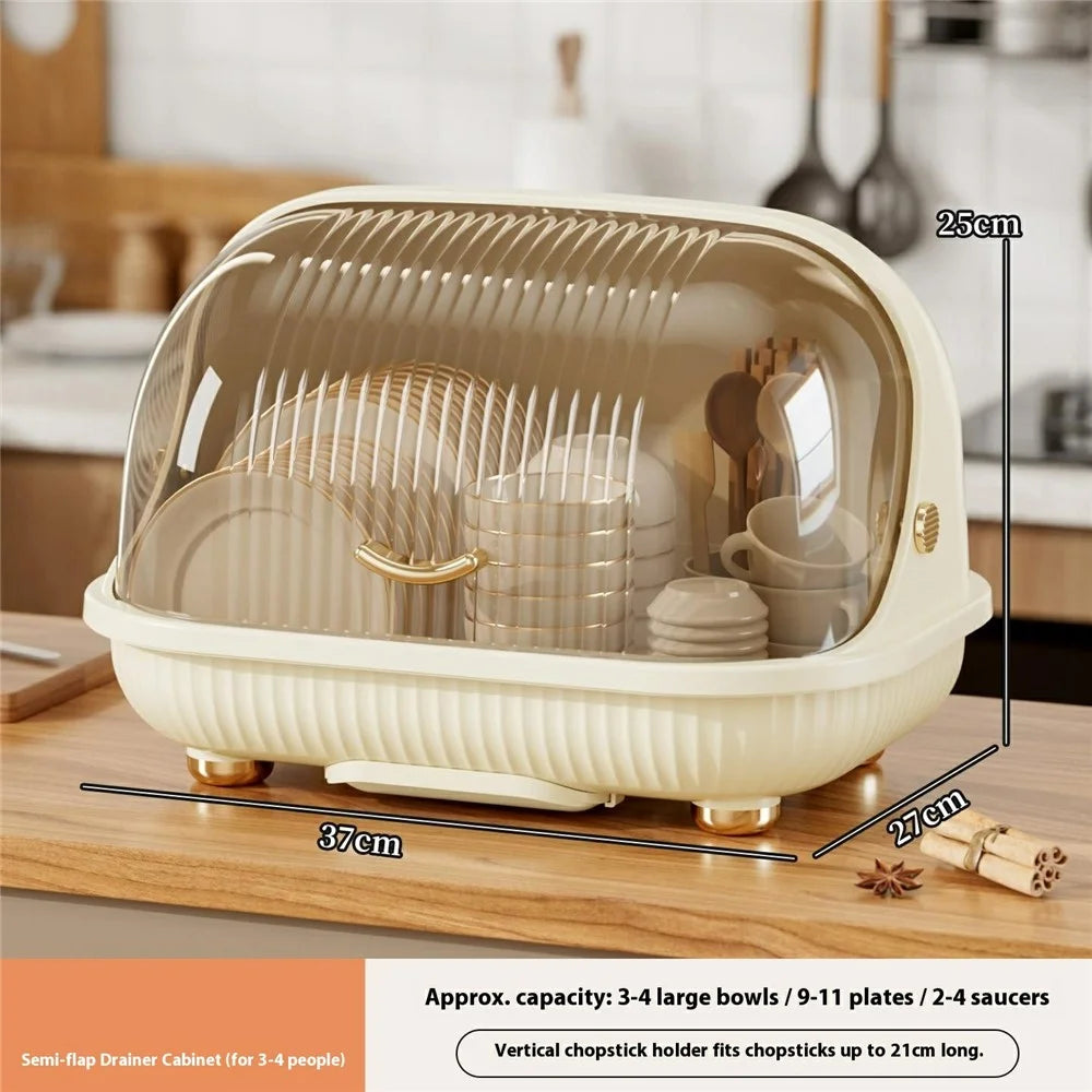 Kitchen Dish Rack Organizer with Flip Cover Large Capacity Dustproof Draining Bowl Cabinet Small Size - Beige - 6