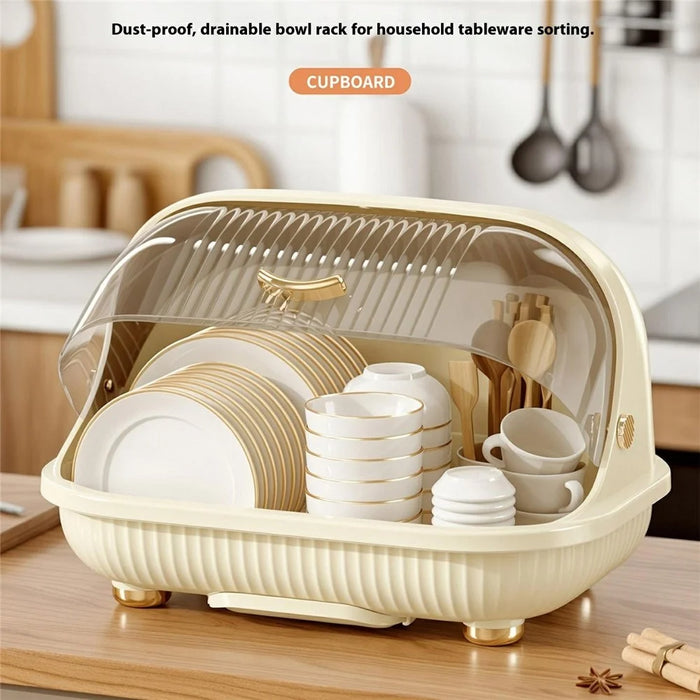 Kitchen Dish Rack Organizer with Flip Cover Large Capacity Dustproof Draining Bowl Cabinet Large Size - Beige - 2