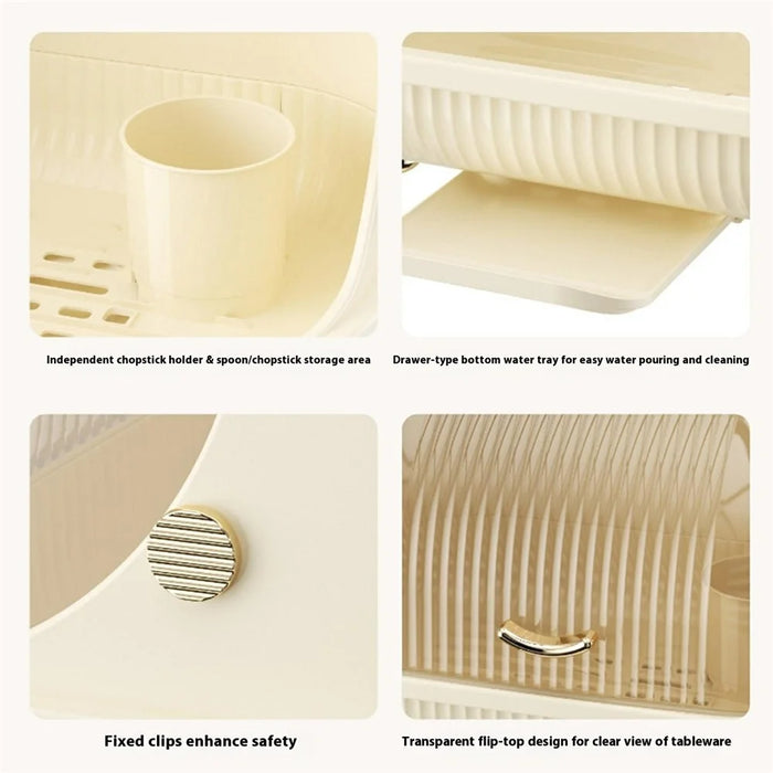 Kitchen Dish Rack Organizer with Flip Cover Large Capacity Dustproof Draining Bowl Cabinet Large Size - Beige - 5