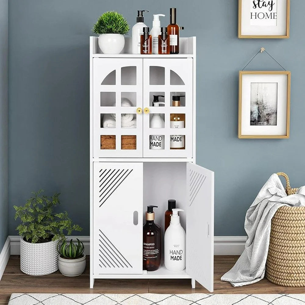 Bathroom Floor Storage Cabinet Double Door Large Capacity Multifunctional Organizer Diagonal Stripes - 2