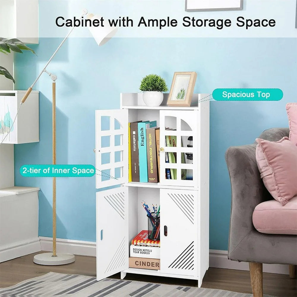 Bathroom Floor Storage Cabinet Double Door Large Capacity Multifunctional Organizer Diagonal Stripes - 3