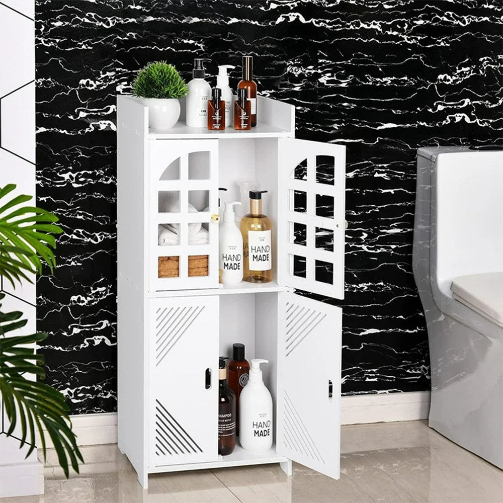 Bathroom Floor Storage Cabinet Double Door Large Capacity Multifunctional Organizer Diagonal Stripes - 4
