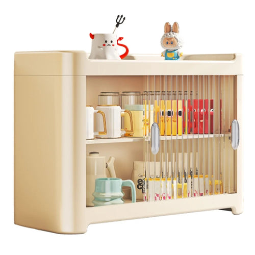 Double Layer Cup Storage Organizer With Sliding Door Dust Proof For Coffee Mugs Tea Cups Home Kitchen Office - Vertical Groove Cupboard  /  Cream Color - 1