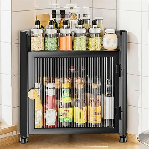 2-Tier Dustproof Kitchen Corner Spice Rack Wall-Mounted Kitchen Condiment Storage Cabinet with Magnetic Door - Black - 1