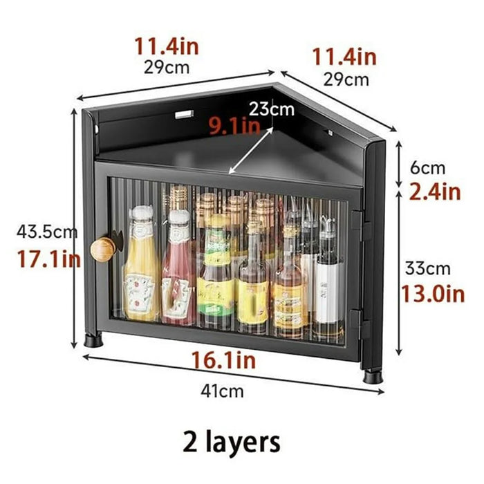 2-Tier Dustproof Kitchen Corner Spice Rack Wall-Mounted Kitchen Condiment Storage Cabinet with Magnetic Door - Black - 5