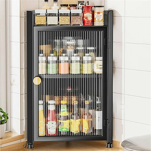 3-Tier Dustproof Kitchen Corner Spice Rack Wall-Mounted Kitchen Condiment Storage Cabinet with Magnetic Door - Black - 1