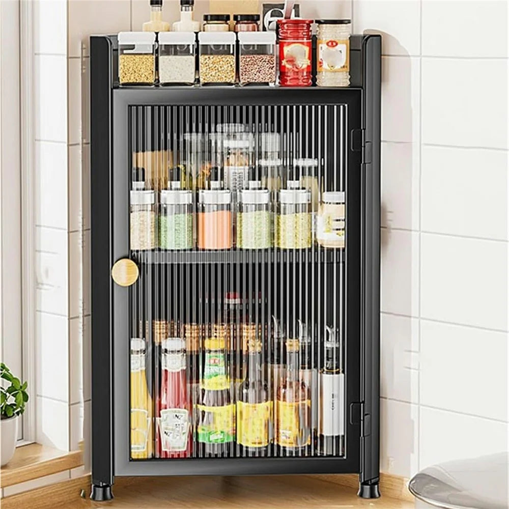 3-Tier Dustproof Kitchen Corner Spice Rack Wall-Mounted Kitchen Condiment Storage Cabinet with Magnetic Door - Black - 1