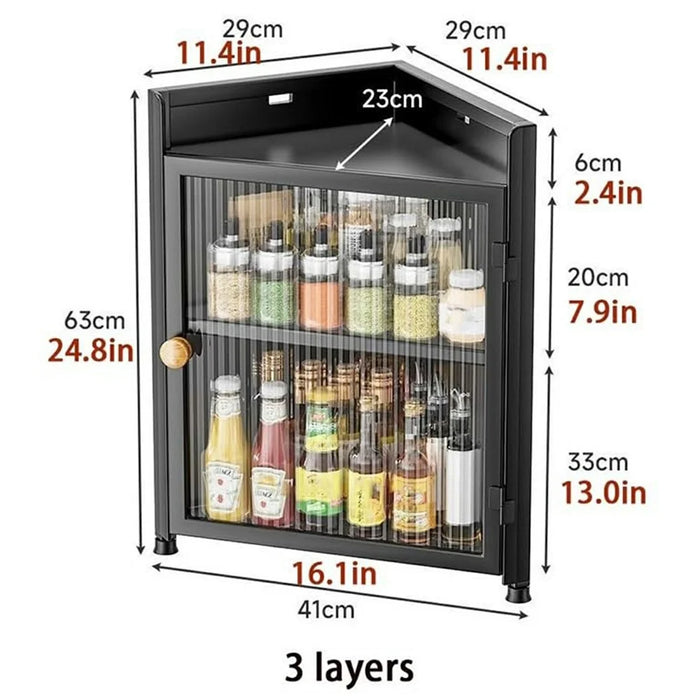 3-Tier Dustproof Kitchen Corner Spice Rack Wall-Mounted Kitchen Condiment Storage Cabinet with Magnetic Door - Black - 6