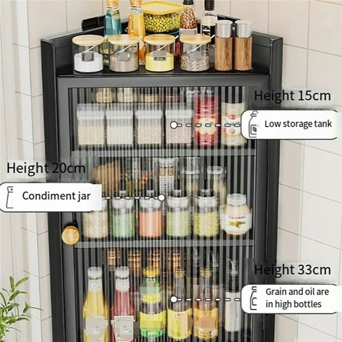 4-Tier Dustproof Kitchen Corner Spice Rack Wall-Mounted Kitchen Condiment Storage Cabinet with Magnetic Door - Black - 2