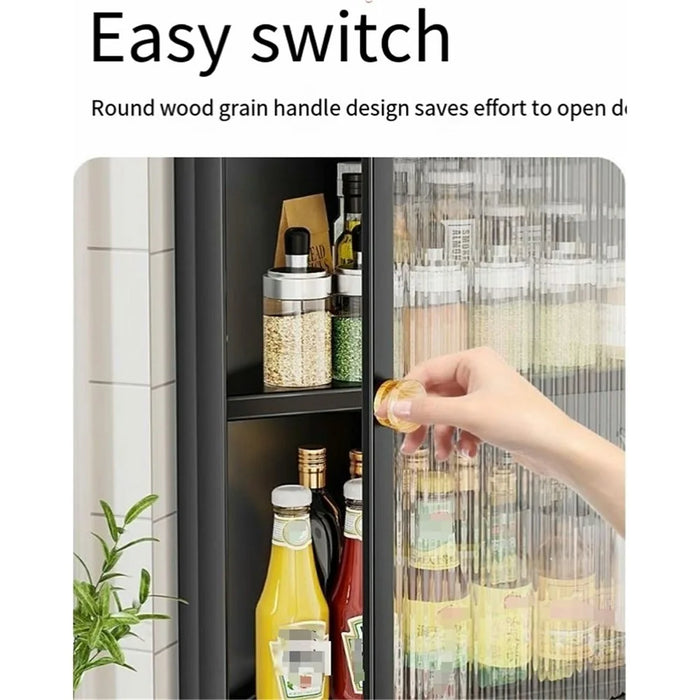 4-Tier Dustproof Kitchen Corner Spice Rack Wall-Mounted Kitchen Condiment Storage Cabinet with Magnetic Door - Black - 4