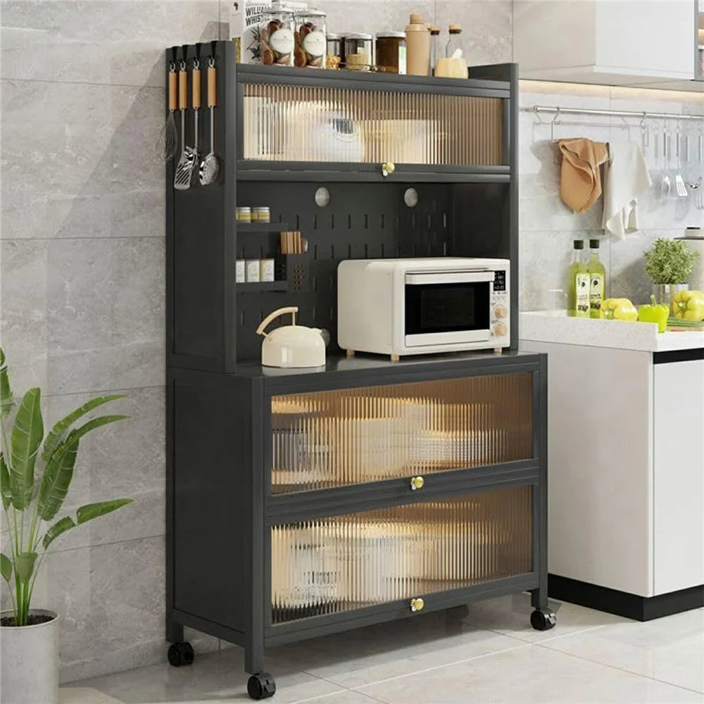 80×42×160cm 5-Tier Carbon Steel Kitchen Storage Cabinet with Doors and Wheels Dish Storage Organizer for Microwave Oven - Dark Grey - 3