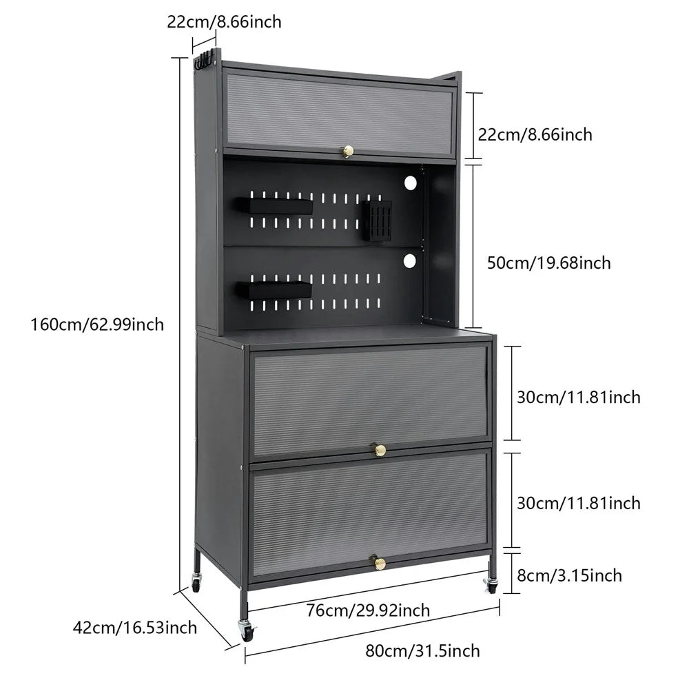 80×42×160cm 5-Tier Carbon Steel Kitchen Storage Cabinet with Doors and Wheels Dish Storage Organizer for Microwave Oven - Dark Grey - 7